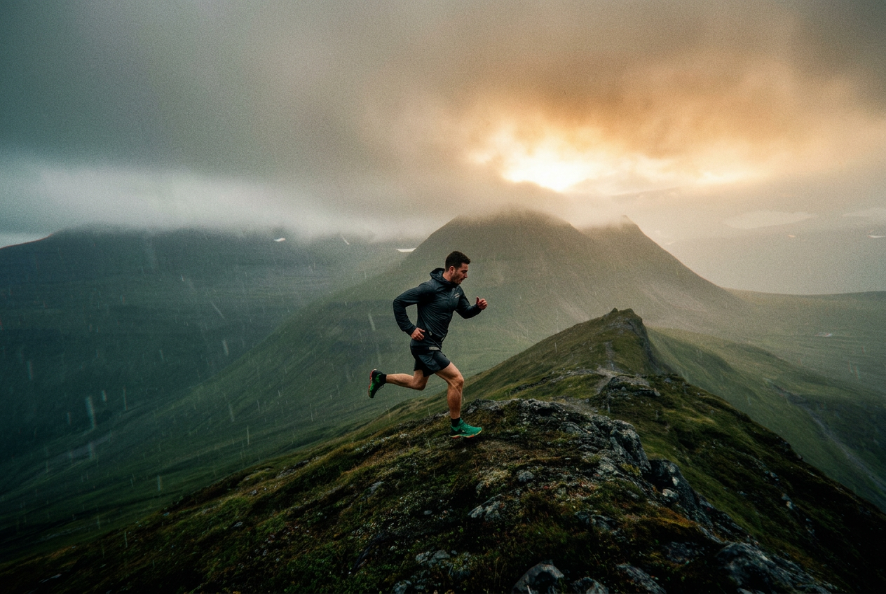 Runner on a misty Nordic mountain ridge